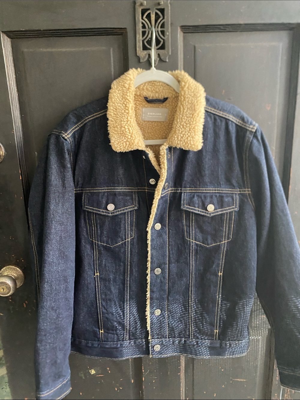 Everlane Dark Blue Denim Bomber Jacket with Cream Sherpa Collar